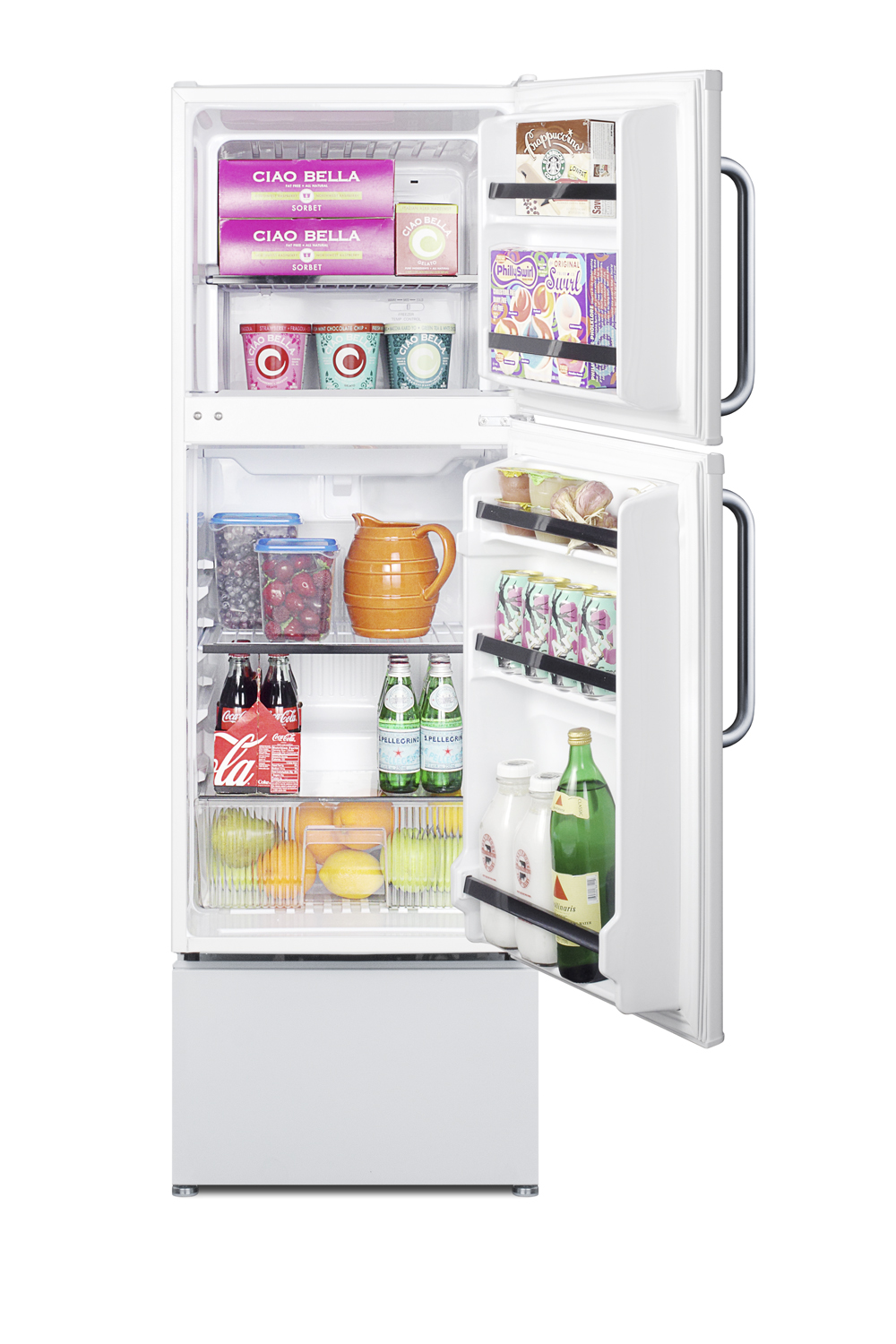 Two-door ENERGY STAR qualified refrigerator-freezer with pedestal to raise height and towel bar handles for easier accessibility in senior living facilities